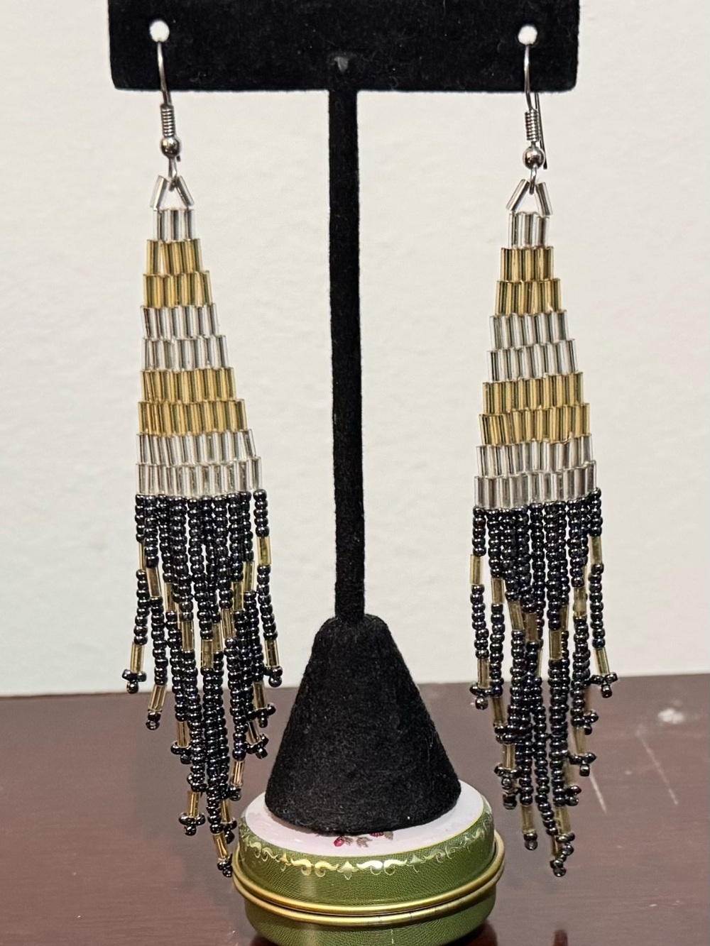 Handmade Beaded Fringe Earrings - Black, Silver & Gold